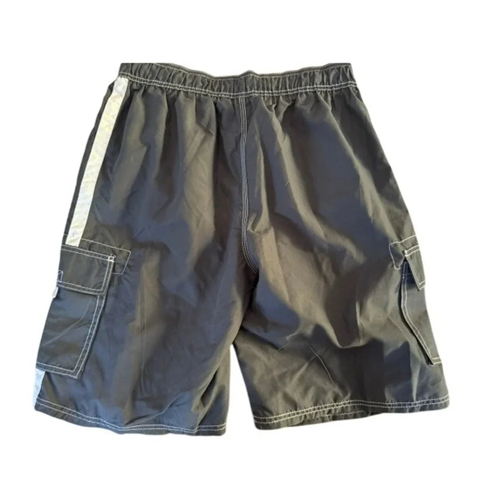 Kanu Surf Mens Gray Cargo Board Shorts Swim Trunks Size Medium Gray White Stripe